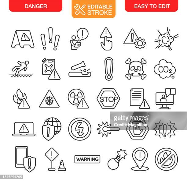 danger and warning icons set editable stroke - failure stock illustrations