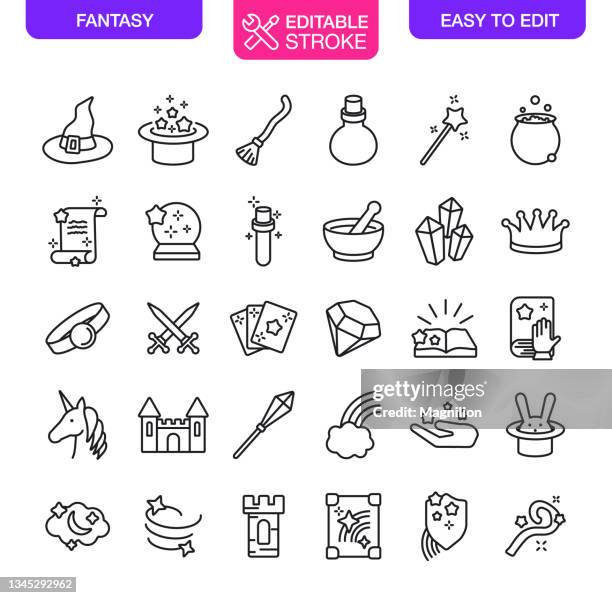 fantasy world icons set editable stroke - märchenschloss stock-grafiken, -clipart, -cartoons und -symbole