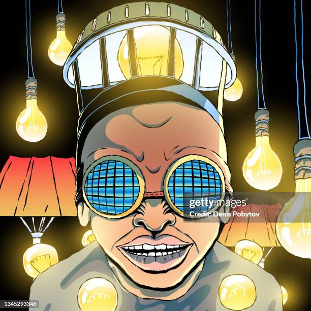 ilustrações, clipart, desenhos animados e ícones de homem com óculos cercado por lâmpadas elétricas. - excêntrica