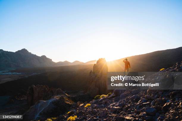 man admiring rock formations in the teide caldera, tenerife, spain - volcanic rock bildbanksfoton och bilder