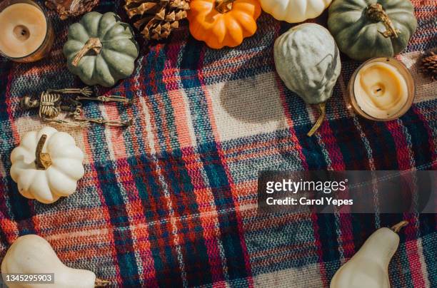 top view rustic wooden table with pumpkin, leaves, pine cones.fall background - basic food stock pictures, royalty-free photos & images