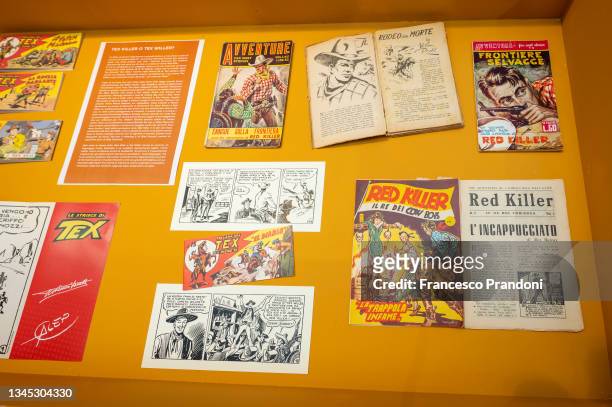 Old Comics of Tex Willer at "Bonelli Story. 80 Anni A Fumetti" Event at Fabbrica Del Vapore on October 07, 2021 in Milan, Italy.