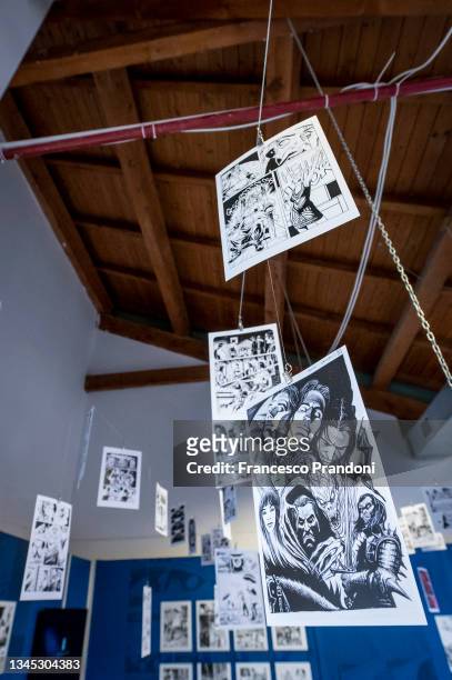 Illustrated boards at "Bonelli Story. 80 Anni A Fumetti" Event at Fabbrica Del Vapore on October 07, 2021 in Milan, Italy.