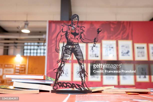 Model of Zagor at "Bonelli Story. 80 Anni A Fumetti" Event at Fabbrica Del Vapore on October 07, 2021 in Milan, Italy.