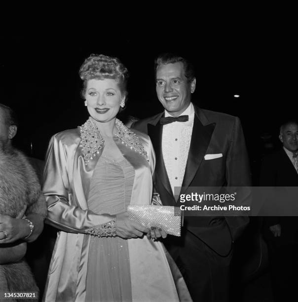 American actress Lucille Ball and her husband, actor and musician, Desi Arnaz attending a formal event, USA, circa 1955.