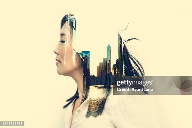 woman city reflections digital composite - dubbelopname stockfoto's en -beelden