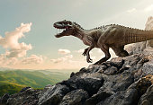 Dinosaur Tyrannosaurus Rex On Top Of Mountain Rock