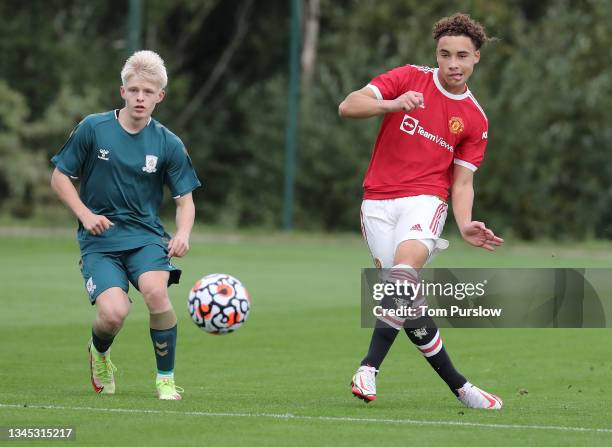 Sam Murray of Manchester United U18s in action during the U18 Premier League match between Manchester United U18s and Middlesbrough U18s at...