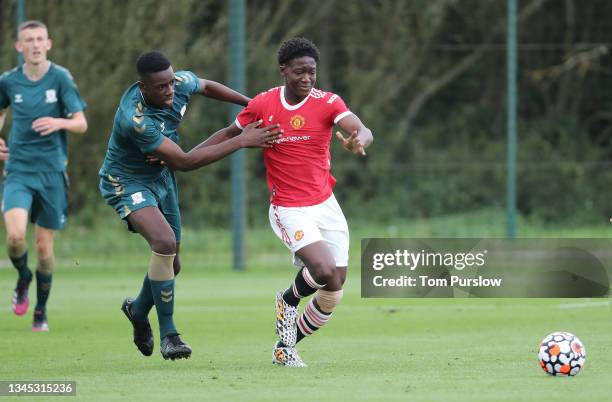 Kobbie Mainoo of Manchester United U18s in action during the U18 Premier League match between Manchester United U18s and Middlesbrough U18s at...