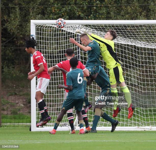 Eric Hanbury of Manchester United U18s in action during the U18 Premier League match between Manchester United U18s and Middlesbrough U18s at...