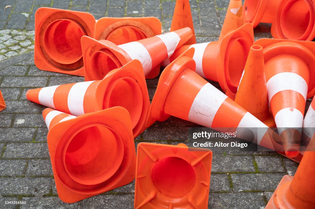 A bunch of traffic warning cones. Germany.