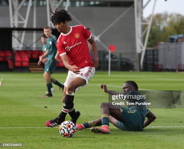 Maxi Oyedele of Manchester United U18s in action during the U18 Premier League match between Manchester United U18s and Middlesbrough U18s at...