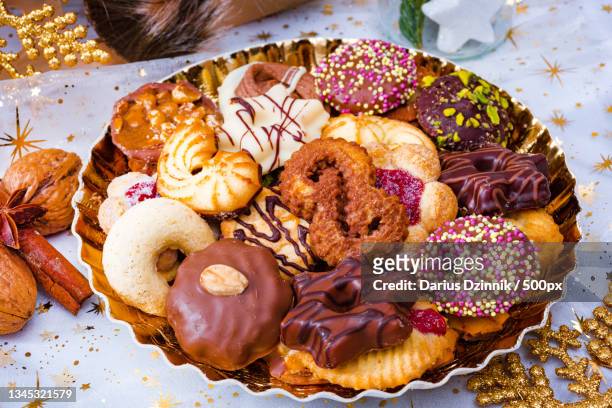 high angle view of dessert in plate on table - gebacken stockfoto's en -beelden