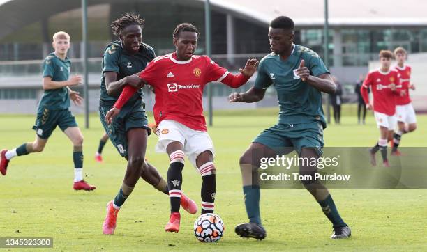 Malachi Sharpe of Manchester United U18s in action during the U18 Premier League match between Manchester United U18s and Middlesbrough U18s at...