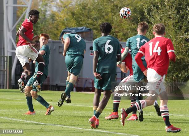 Kobbie Mainoo of Manchester United U18s scores their third goal during the U18 Premier League match between Manchester United U18s and Middlesbrough...