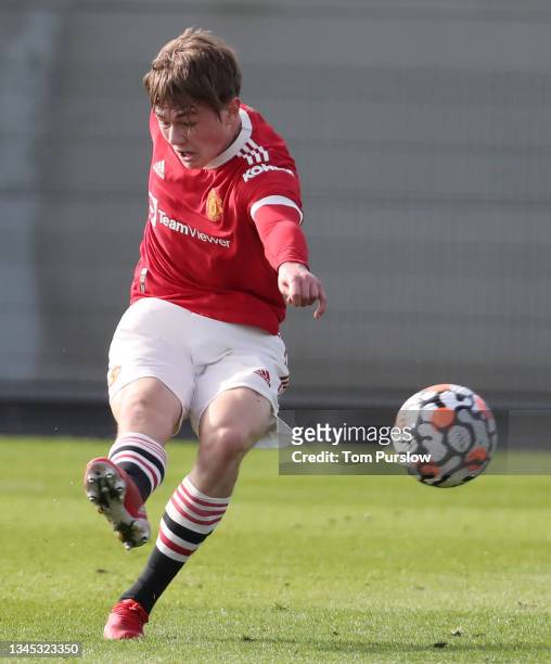 Ethan Ennis of Manchester United U18s in action during the U18 Premier League match between Manchester United U18s and Middlesbrough U18s at...