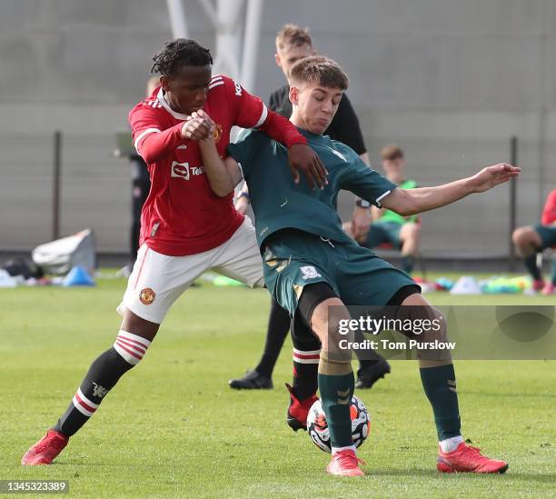 Malachi Sharpe of Manchester United U18s in action during the U18 Premier League match between Manchester United U18s and Middlesbrough U18s at...