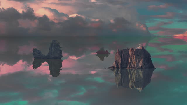 time lapse of sky and sea with surreal rock islands