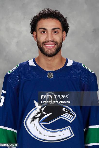Justin Bailey of the Vancouver Canucks poses for his official headshot for the 2021-2022 season on October 6, 2021 at Rogers Arena in Vancouver,...