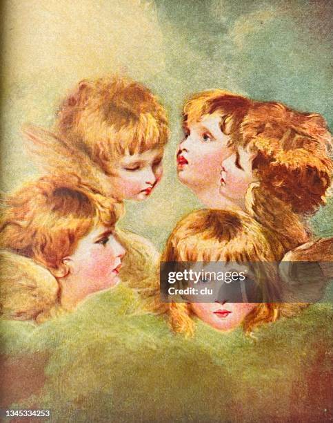illustrations, cliparts, dessins animés et icônes de chérubins, filles blondes la tête dans le ciel - ange