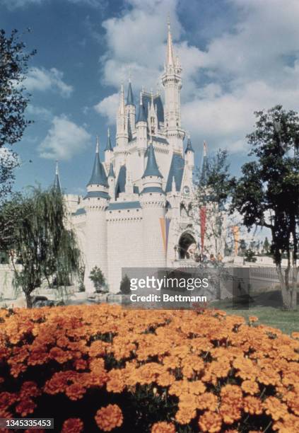 View of Cinderella's Castle in the Magic Kingdom at Disney World, with flowers in the foreground, Orlando, US, November 1971.