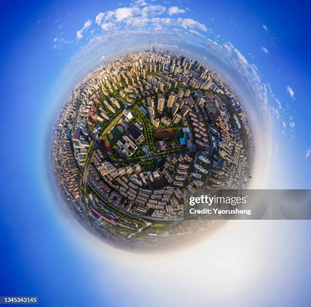 360 degree panorama view of shanghai city - 360 images stockfoto's en -beelden