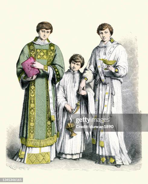 stockillustraties, clipart, cartoons en iconen met religious fashions, period costumes, catholic priests, altar boy in surplice, from the 17th to 18th century - altar boy