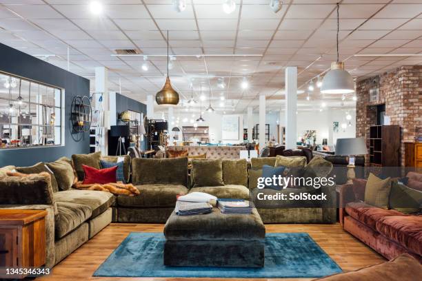 soft sofas in showroom - furniture showroom stock pictures, royalty-free photos & images