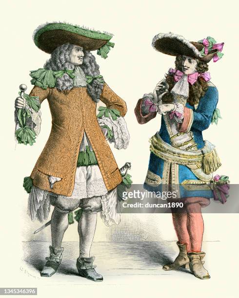 french army officers, soldiers, military uniforms fashions 17th century - wig stock illustrations