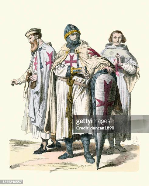 crusader knights, templars, kite shield, chain mail armour, medieval military fashions - the crusades stock illustrations