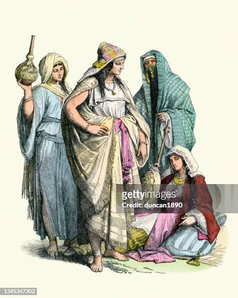 stockillustraties, clipart, cartoons en iconen met costumes and fashions of the ancient world, arab women from the 4th to 6th century period - arabië