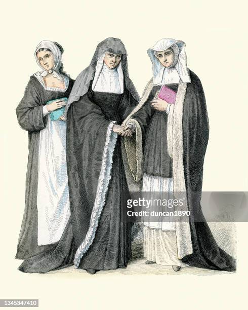 stockillustraties, clipart, cartoons en iconen met benedictine nuns from the 18th century, habits,  history of religous fashion - zuster