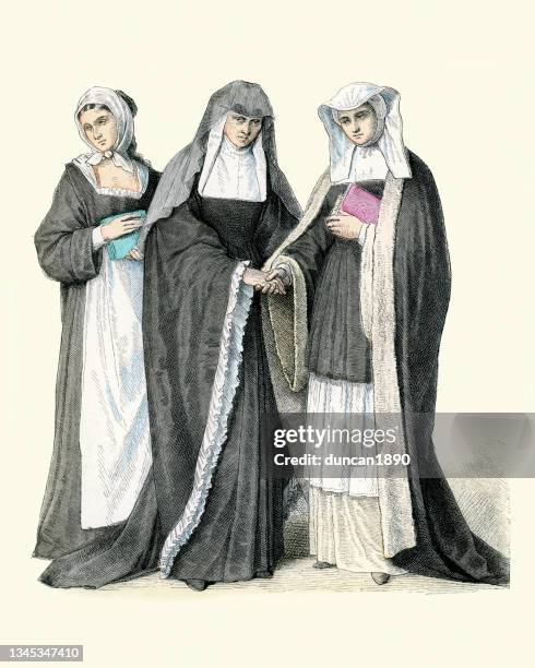 benedictine nuns from the 18th century, habits,  history of religous fashion - benedictine stock illustrations