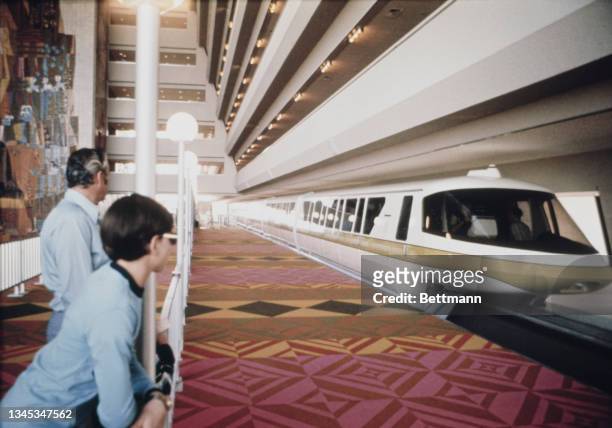 The Monorail train pulls into the Contemporary Hotel in Disney World, Orlando, US, 15th November 1971.