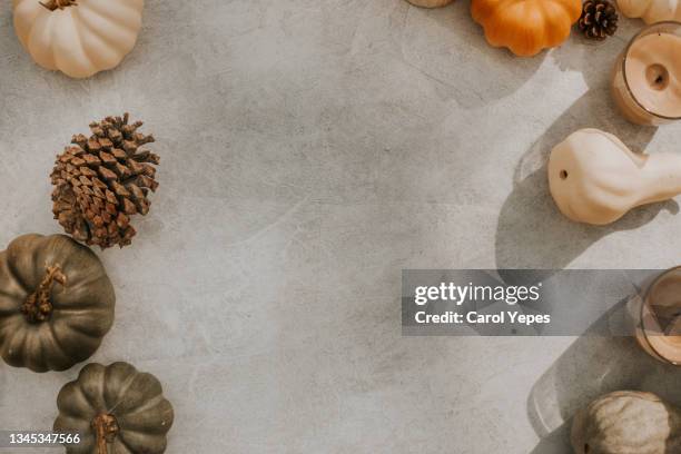 fall still life with pumpkin and orange tones.top view.frame - rustic dining room stock pictures, royalty-free photos & images