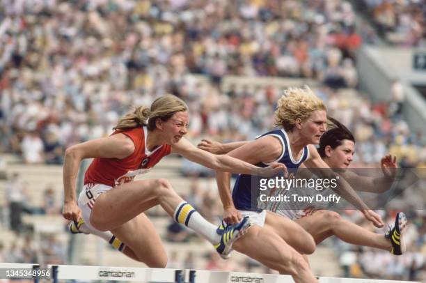 Silver medalist Olga Rukavishnikova of the Soviet Union competes in the Women's 100 Metres hurdles race of the Women's Pentathlon on 24th July 1980...