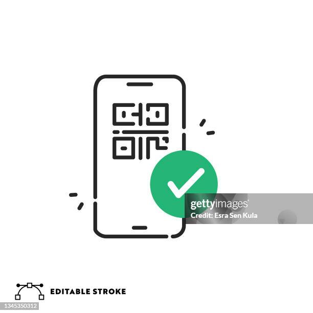 digital vaccine passport on mobile phone screen flat line icon with editable stroke - papers scanning to digital vector stock illustrations