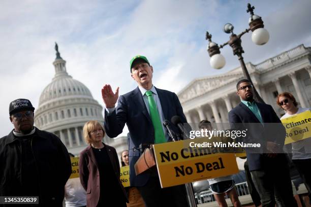 Sen. Ron Wyden speaks at a press conference on funding climate change legislation outside the U.S. Capitol October 7, 2021 in Washington, DC. A group...