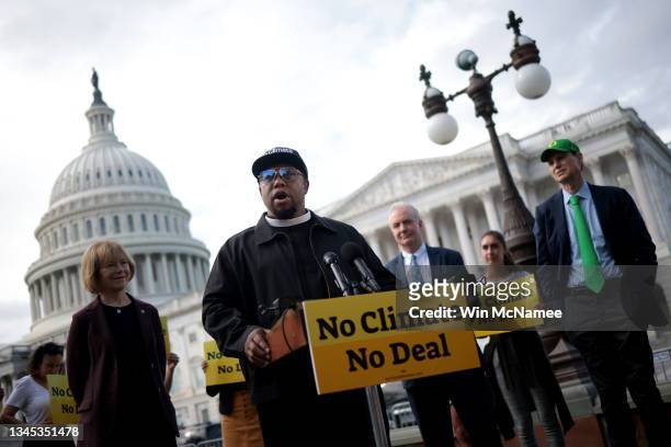 Rev. Lennox Yearwood from the Hip Hop Caucus speaks at a press conference on funding climate change legislation outside the U.S. Capitol October 7,...