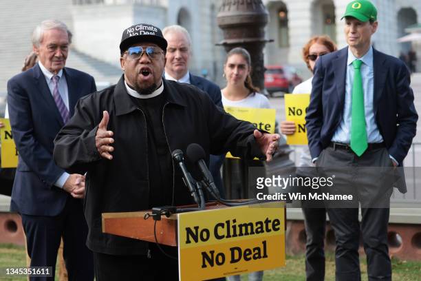 Rev. Lennox Yearwood from the Hip Hop Caucus speaks at a press conference on funding climate change legislation outside the U.S. Capitol October 7,...