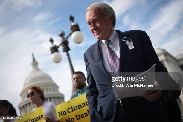Sen. Ed Markey attends a press conference on funding climate change legislation outside the U.S. Capitol October 7, 2021 in Washington, DC. A group...