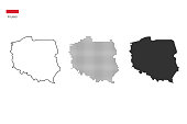 3 versions of Poland map city vector by thin black outline simplicity style, Black dot style and Dark shadow style. All in the white background.