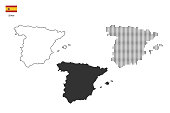 3 versions of Spain map city vector by thin black outline simplicity style, Black dot style and Dark shadow style. All in the white background.
