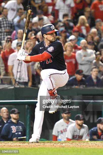 Ryan Zimmerman of the Washington Nationals prepares for a pitch during a baseball game against the Boston Red Sox at Nationals Park on October 1,...