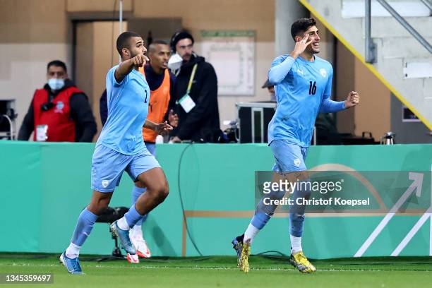 Omri Gandelman of Israel celebrates the second goal with Karm Jaber of Israel during the 2022 UEFA European Under-21 Championship Qualifier match...