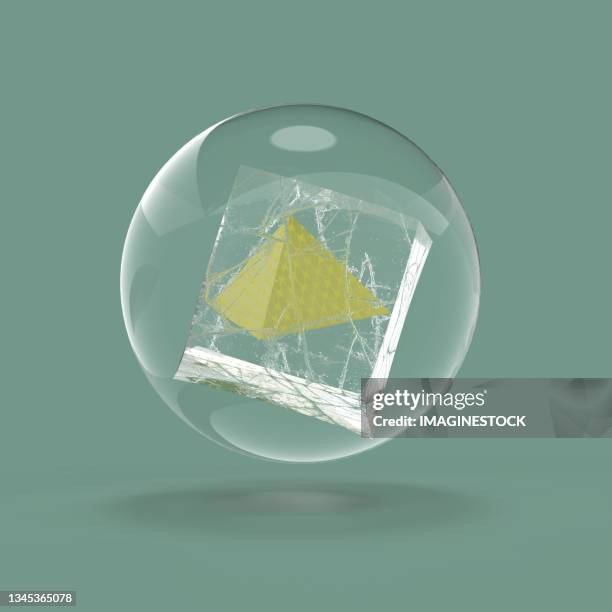 three-dimensional representation of a pyramid inside a cube and a transparent sphere. - three dimensional pyramid stock pictures, royalty-free photos & images