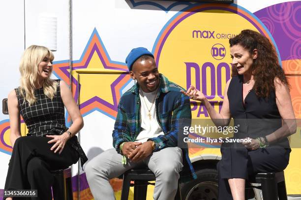 April Bowlby, Joivan Wade and Michelle Gomez of Doom Patrol speak during Day 1 of New York Comic Con 2021 at Jacob Javits Center on October 07, 2021...
