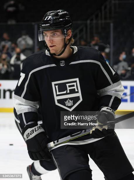 Lias Andersson of the Los Angeles Kings during warm up before a preseason game against the Arizona Coyotes at Staples Center on October 05, 2021 in...