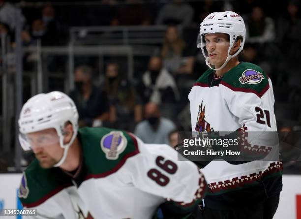 Loui Eriksson of the Arizona Coyotes lines up for a faceoff with Anton Stralman during a 4-1 win over the Los Angeles Kings in a preseason game at...
