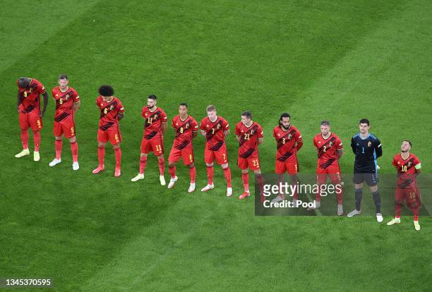 Players of Belgium stand for the national anthem prior to the UEFA Nations League 2021 Semi-final match between Belgium and France at Juventus...